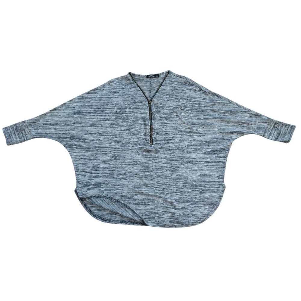 Boohoo Heathered Gray Batwing Zip Front Oversized Knit Top Size 2 3/4 Sleeve.